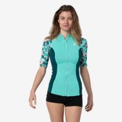 Top Anti UV Manches Courtes Femme Néoprène 1 Mm - Turquoise Fleurs
